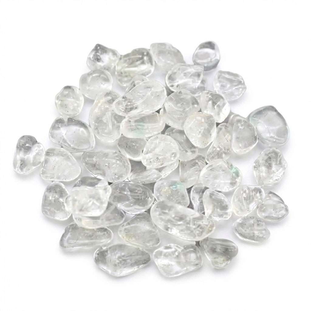 Clear quartz tumbled stones 1 lb bulk — collection of smooth polished crystal clear quartz pieces in various sizes for healing, grids, and chakra work.