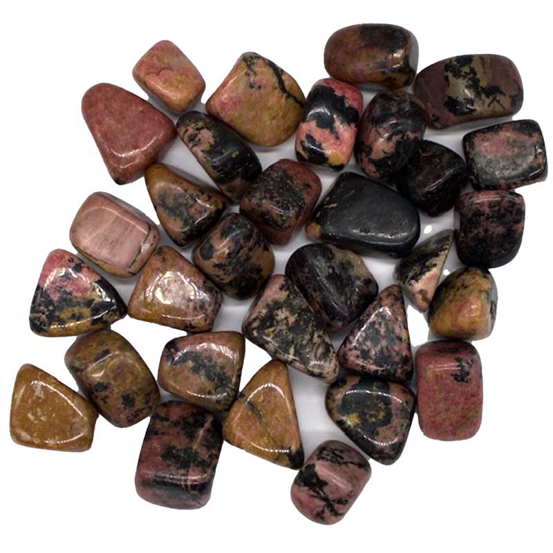 One pound bulk lot of tumbled rhodonite stones in pink with black veining — heart chakra compassion and emotional healing crystal collection.