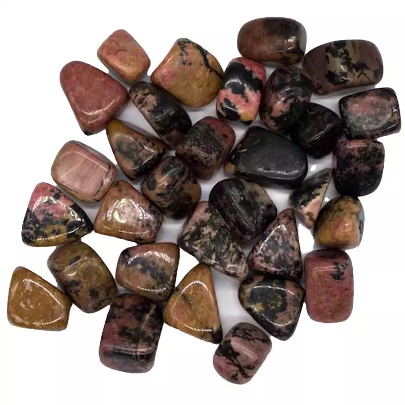 One pound bulk lot of tumbled rhodonite stones in pink with black veining — heart chakra compassion and emotional healing crystal collection.