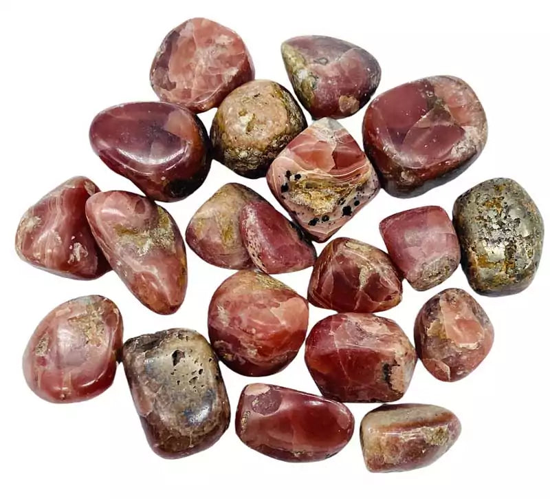 One pound of extra quality tumbled rhodochrosite stones in vibrant rose-pink with white banding, for heart chakra healing, self-love grids, and inner child work.