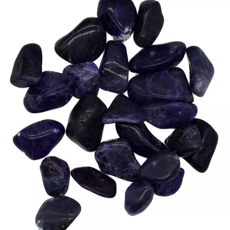 One-pound collection of smooth deep blue sodalite tumbled stones with white veining for logic intuition anxiety relief and throat third eye balance