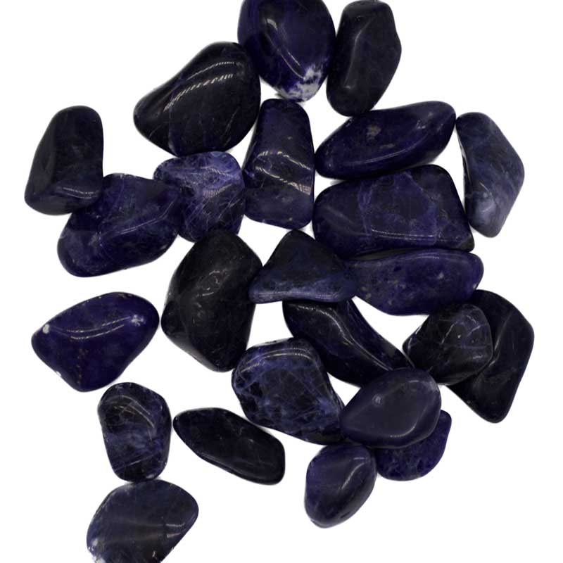 One-pound collection of smooth deep blue sodalite tumbled stones with white veining for logic intuition anxiety relief and throat third eye balance
