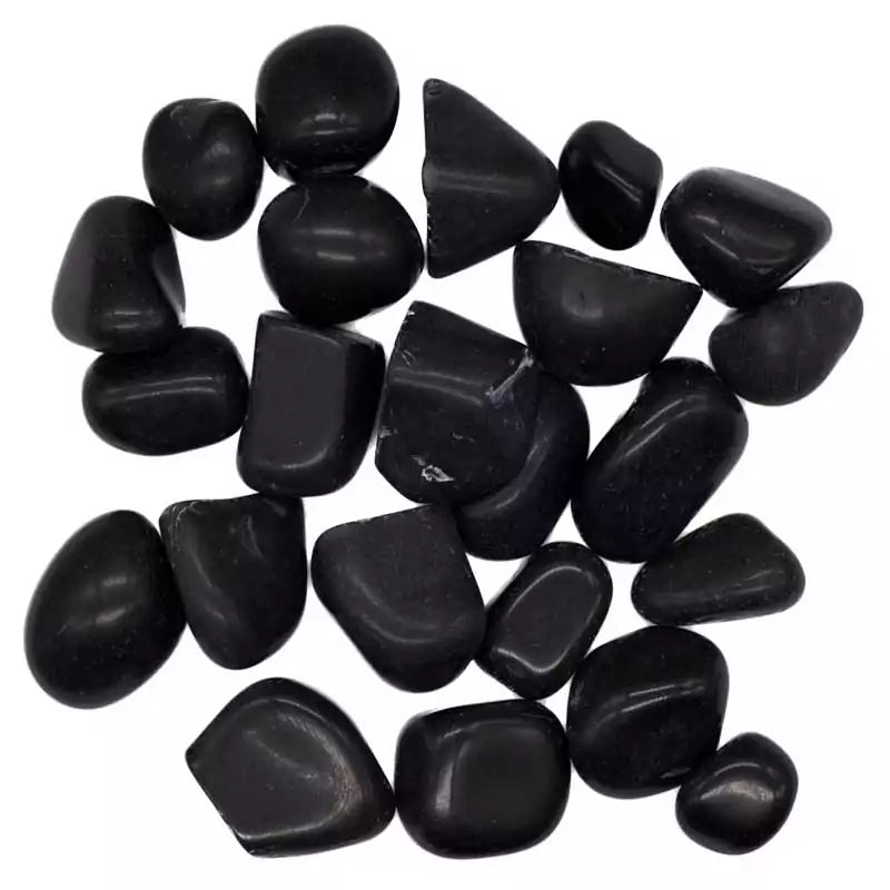 Collection of smooth polished black tourmaline tumbled stones in various shapes and sizes — 1-pound bulk schorl crystals for grounding, protection, and crystal grid work.
