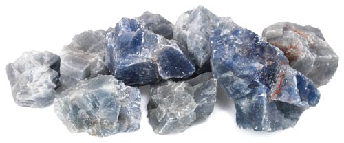 Blue calcite raw stones 1 lb bulk — natural pale blue calcite pieces in a pile for throat chakra work, calm communication, and anxiety relief.