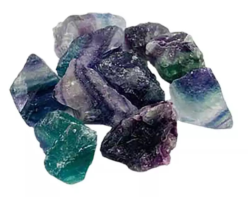 Collection of raw rainbow fluorite untumbled crystals in colorful purple green clear and blue natural banding for mental focus clarity stress relief and chakra work