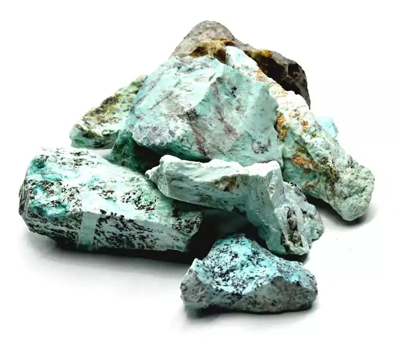 One pound bulk lot of genuine raw untumbled turquoise stones in natural chunks, showing sky-blue to teal coloration with characteristic brown mineral matrix veining.