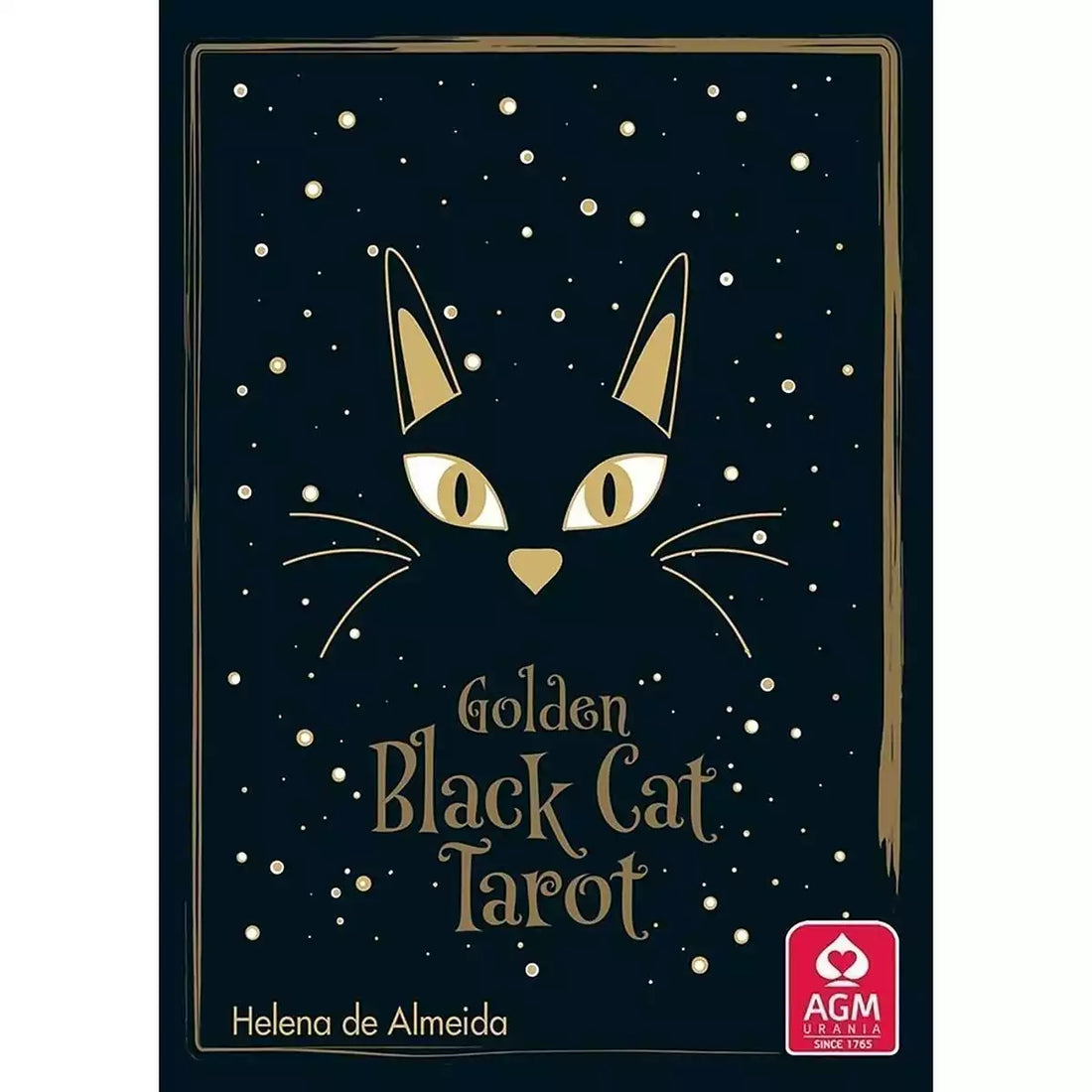 Golden Black Cat Tarot box showing a stylized black cat face with gold ears, whiskers, and eyes against a starry black background, with author Helena de Almeida and publisher AGM Urania.