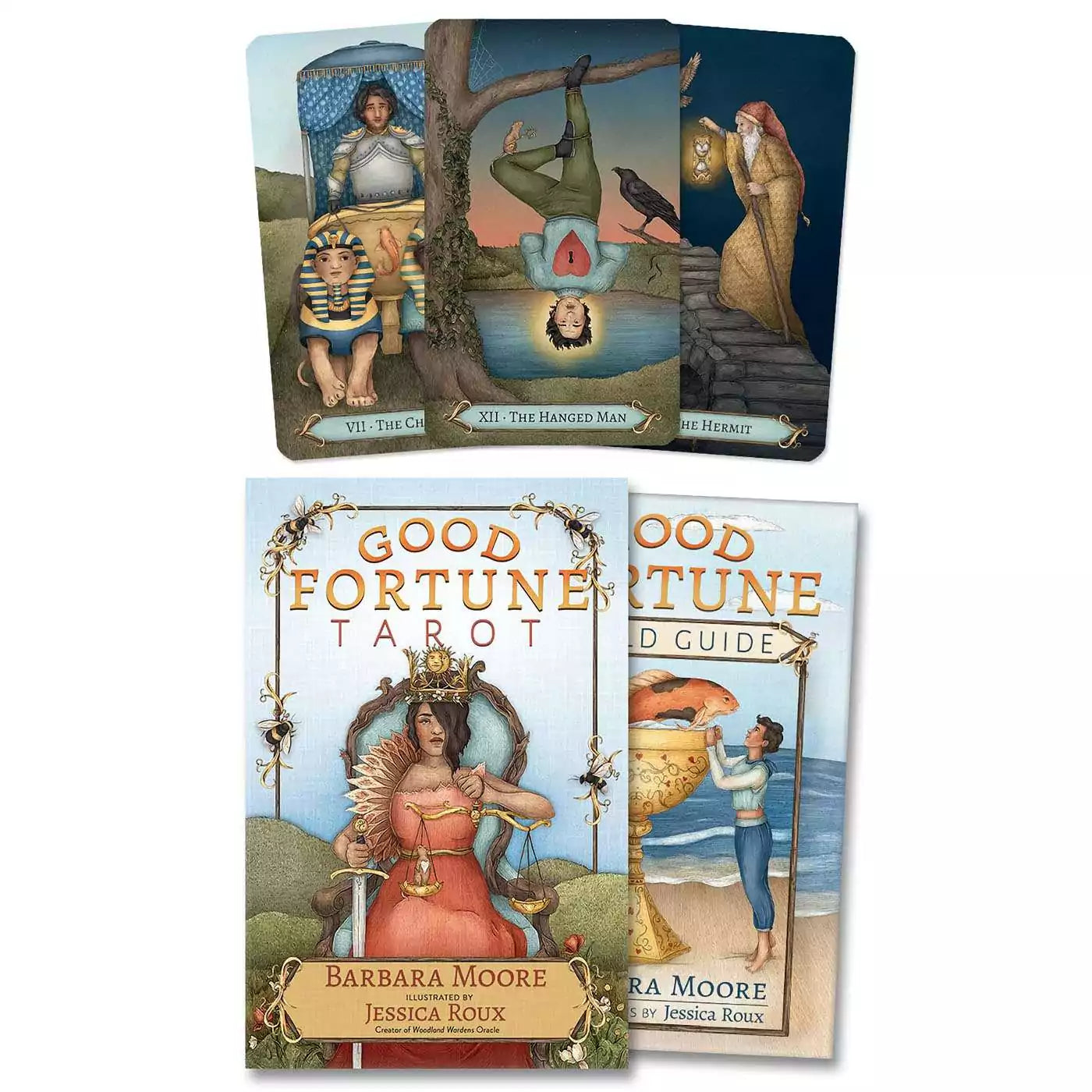 Good Fortune Tarot deck and guidebook set by Barbara Moore and Jessica Rose — linen-textured cards fanned showing illustrated figures including a bird keeper and a pharaoh, guidebook visible.