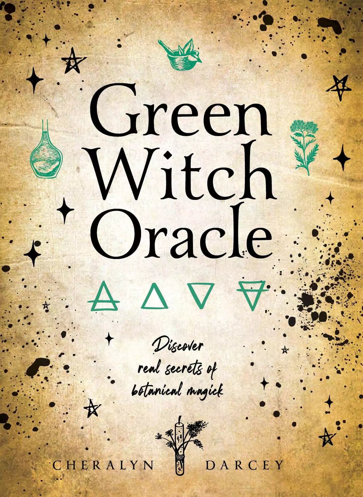 Green Witch Oracle guidebook cover in bold typography showing the title alongside botanical illustration, companion book for the oracle deck.