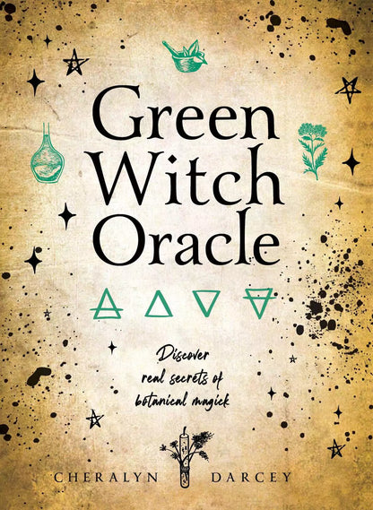 Green Witch Oracle guidebook cover in bold typography showing the title alongside botanical illustration, companion book for the oracle deck.