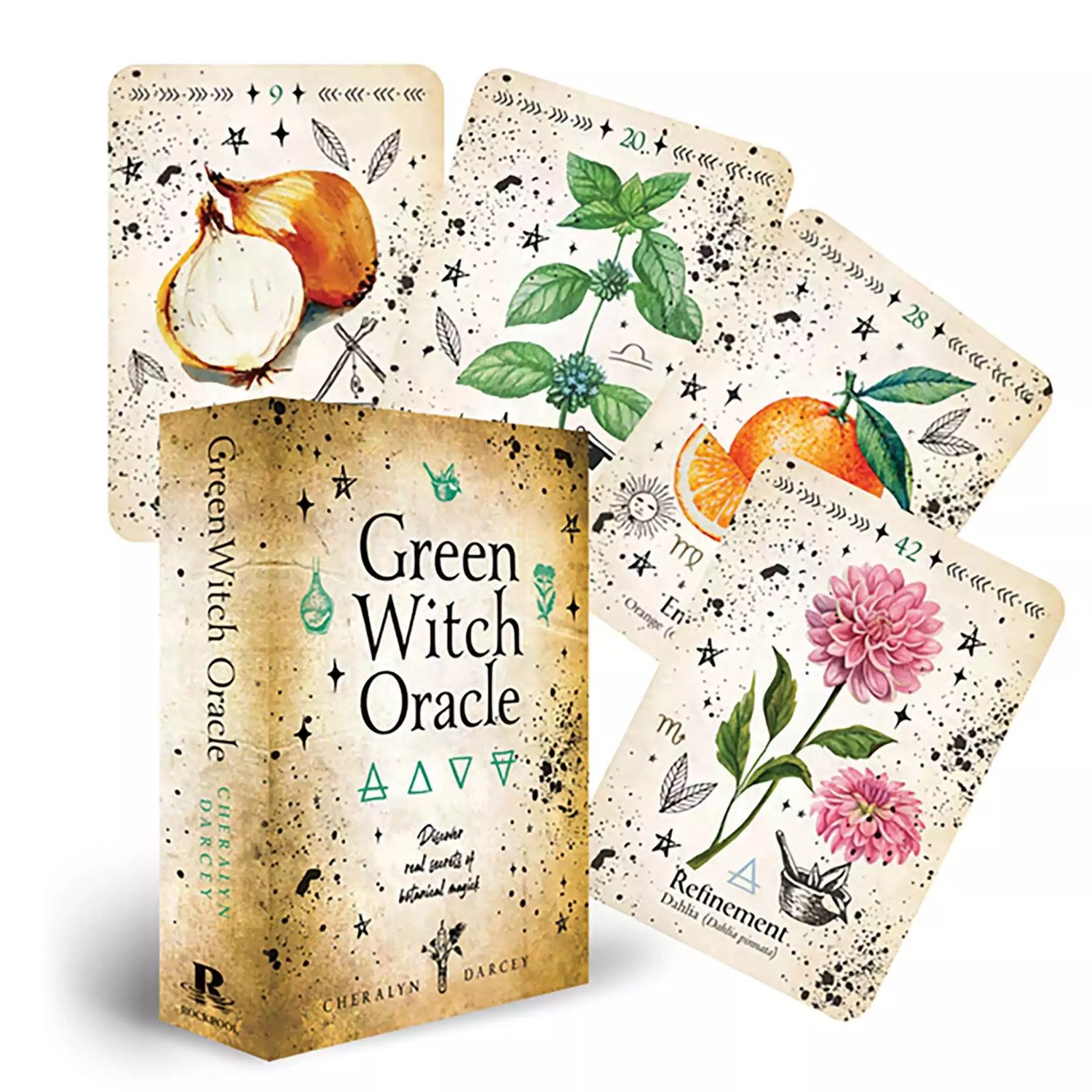 Green Witch Oracle cards fanned out showing lush botanical illustrations of plants and herbs, Cheralyn Darcey 44-card green witch botanical deck.