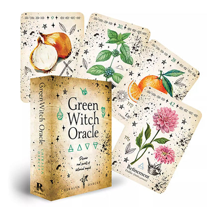 Green Witch Oracle cards fanned out showing lush botanical illustrations of plants and herbs, Cheralyn Darcey 44-card green witch botanical deck.