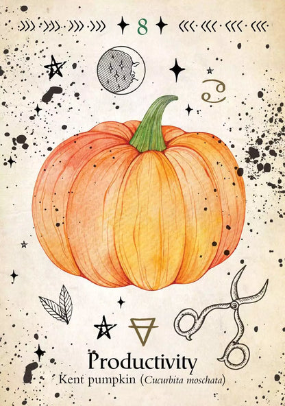 Green Witch Oracle card showing an illustrated Kent pumpkin with a soft orange hue and characteristic ribbed surface, botanical oracle artwork.