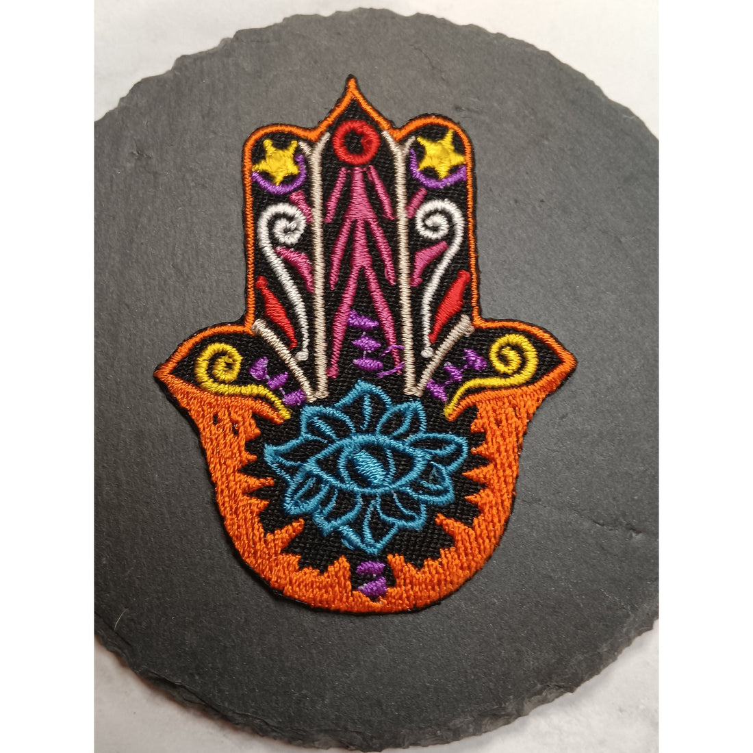 Embroidered Hamsa Hand Iron-On Patch – Blue Lotus &amp; Evil Eye Symbol