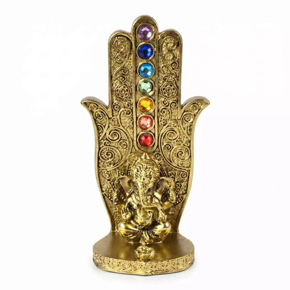 Gold-tone decorative hand incense burner with colorful chakra gemstones along the center and a small Ganesha figurine at the base.
