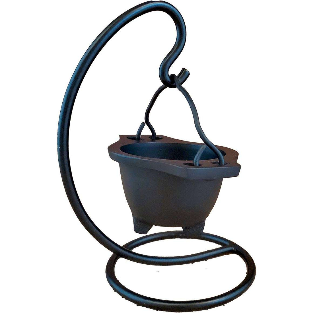 Black cast iron hanging cauldron on a curved iron stand — showing the suspended ritual cauldron in full-height display for altar use.