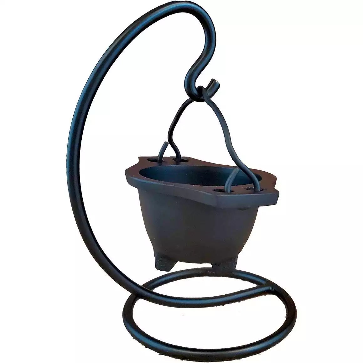 Black cast iron hanging cauldron on a curved iron stand — showing the suspended ritual cauldron in full-height display for altar use.