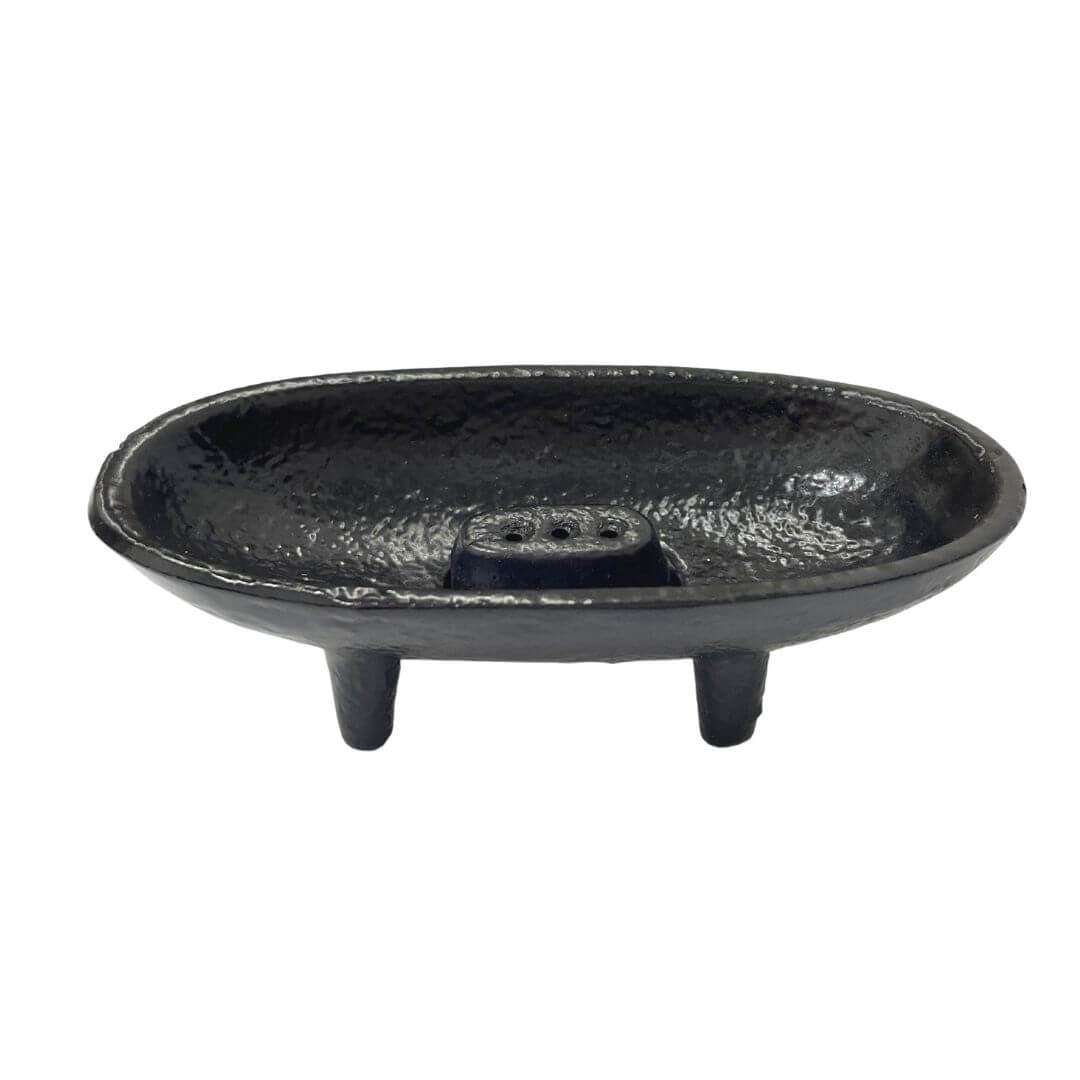 Small round black cast iron incense burner with textured surface and three legs — suitable for resin charcoal and smudge herbs.