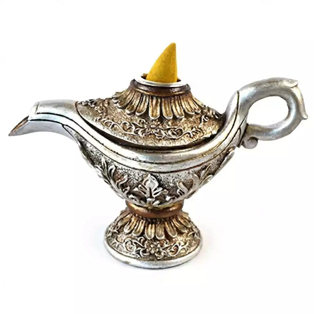 3 inch Magic Lamp backflow incense burner in Aladdin genie lamp design for use with backflow cones creating dramatic downward smoke cascade