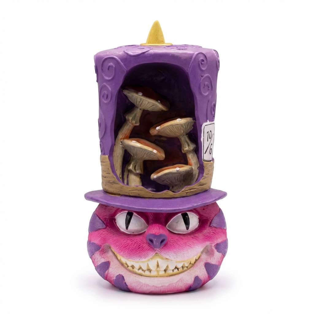Whimsical ceramic grinning Cheshire Cat figure backflow incense burner 6.75 inches tall for cascading smoke cone incense display