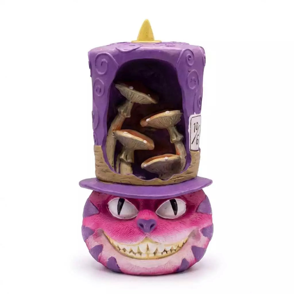 Whimsical ceramic grinning Cheshire Cat figure backflow incense burner 6.75 inches tall for cascading smoke cone incense display
