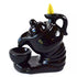 6-inch black ceramic teapot incense burner with flame-shaped top and spiral base, designed for backflow cone smoke waterfall effects during ritual use.
