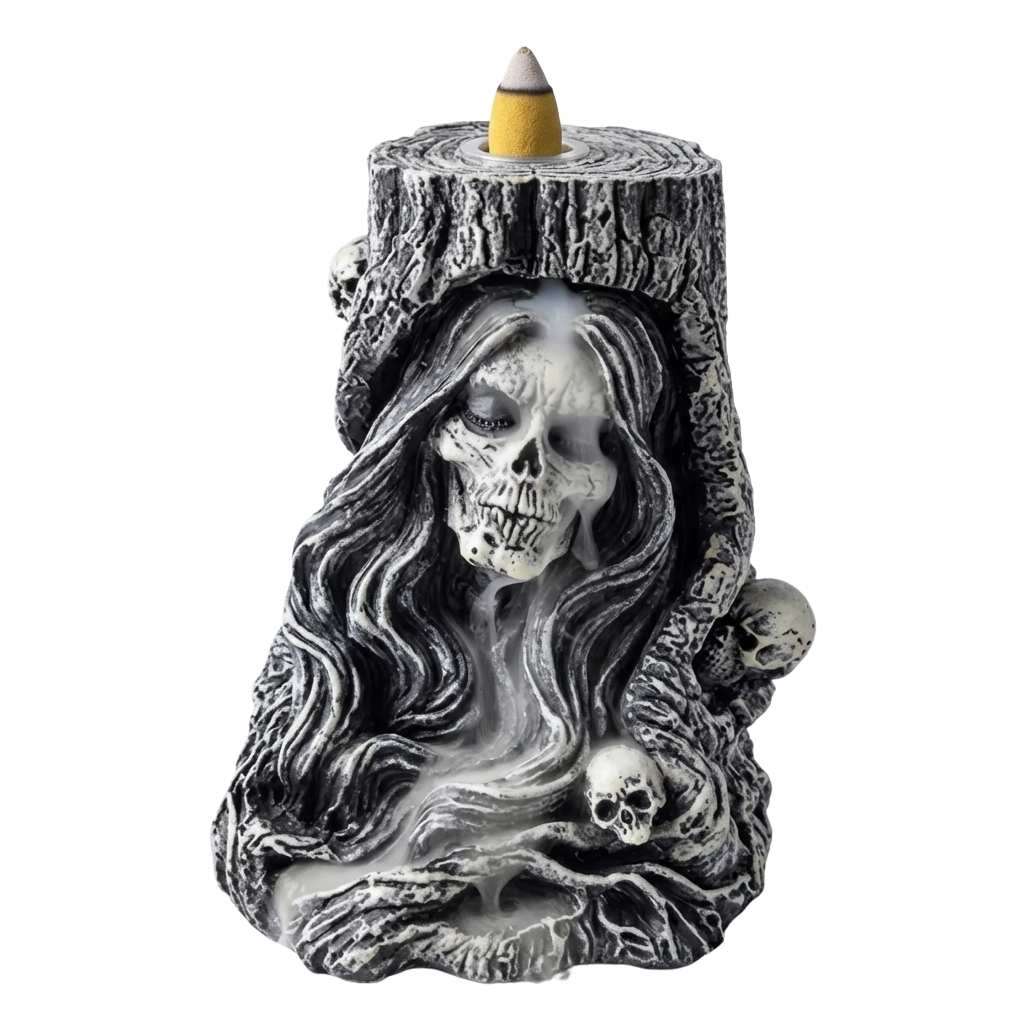 Reaper backflow incense burner 6 inches showing cascading smoke waterfall effect from backflow cone — gothic skull design for samhain and ancestor ritual work.