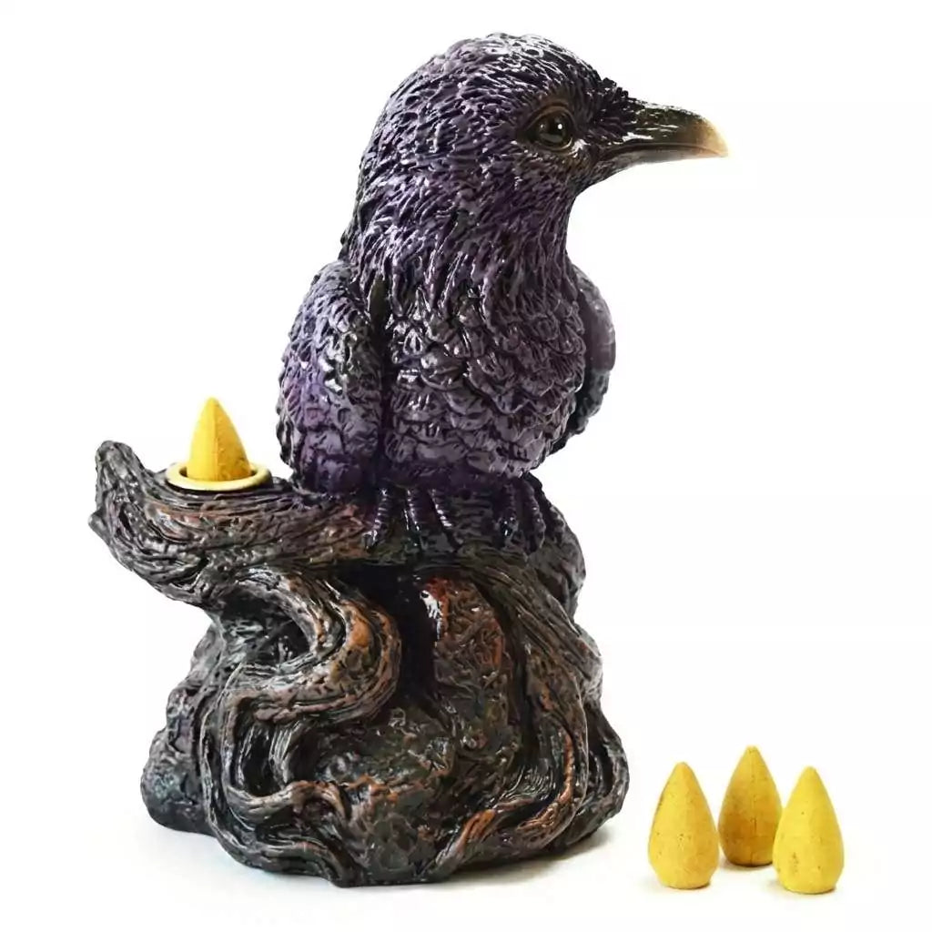 Cold-cast resin raven backflow incense burner 6.5 inches with detailed feather texture and perch, gothic altar sculpture creating a smoke waterfall effect with backflow cones.