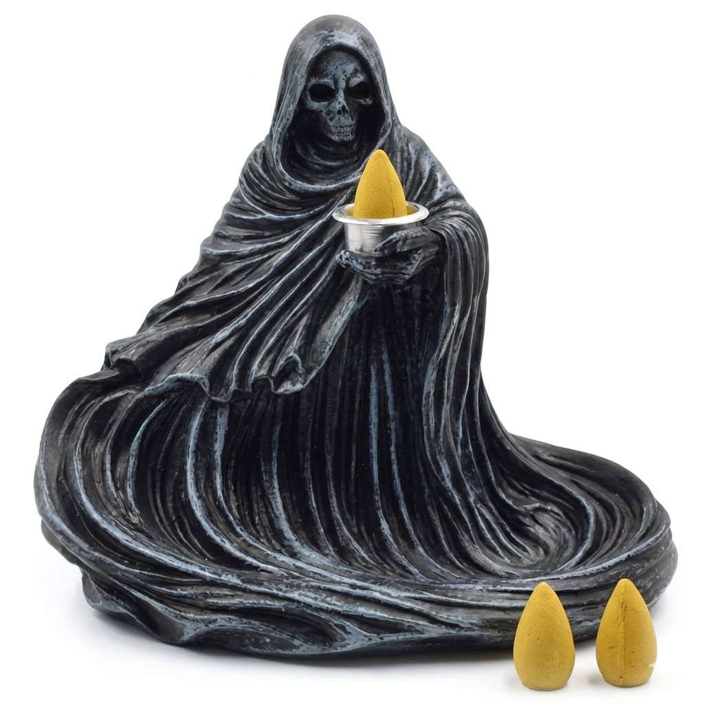 Cold-cast resin Grim Reaper backflow incense burner 5.75 inches tall with skull and scythe detailing, gothic altar decor sculpture with backflow smoke waterfall effect.
