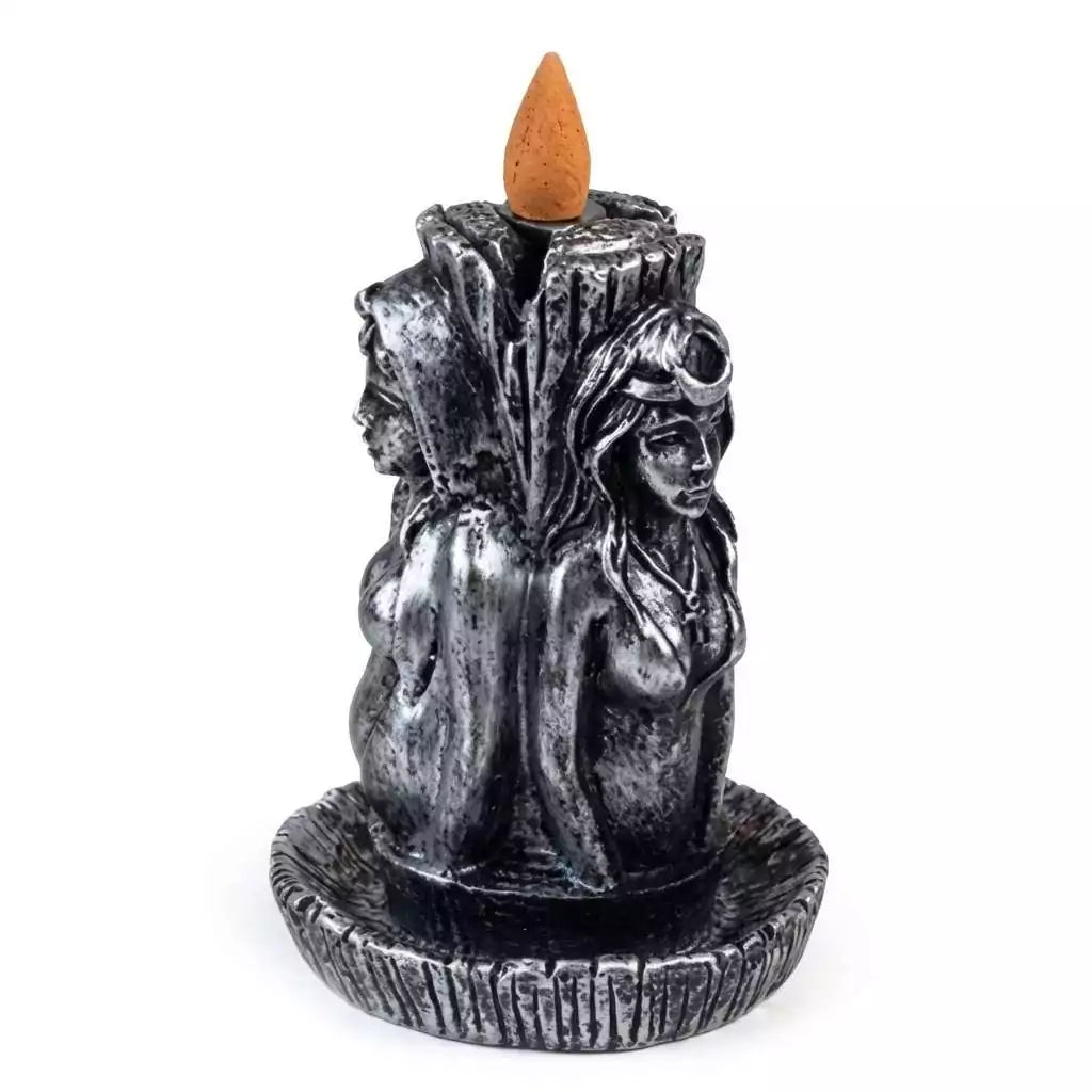 5.5-inch Maiden Mother Crone Triple Goddess backflow incense burner in resin with two stylized feminine figures, designed for reverse-cascade incense cone smoke effect.