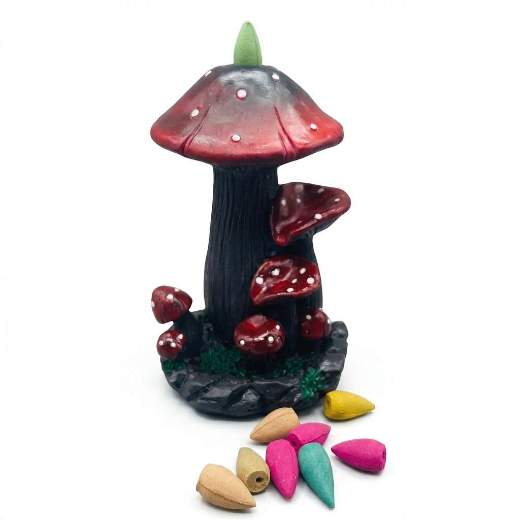 Seven-inch ceramic mushroom backflow incense burner showing the waterfall smoke cascading down the mushroom stem — altar decor piece.