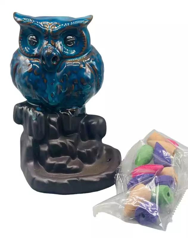 Five inch ceramic owl backflow incense burner where smoke cascades downward in waterfall effect