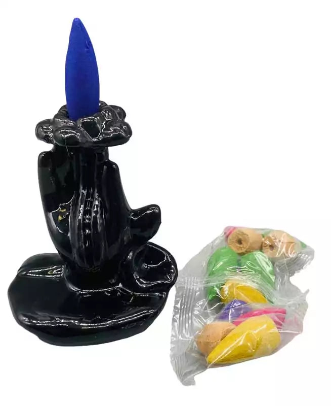 3.5-inch black resin Flower and Hand backflow incense burner shaped as an outstretched hand with a flower, designed for downward cascading smoke cone effect on altars.