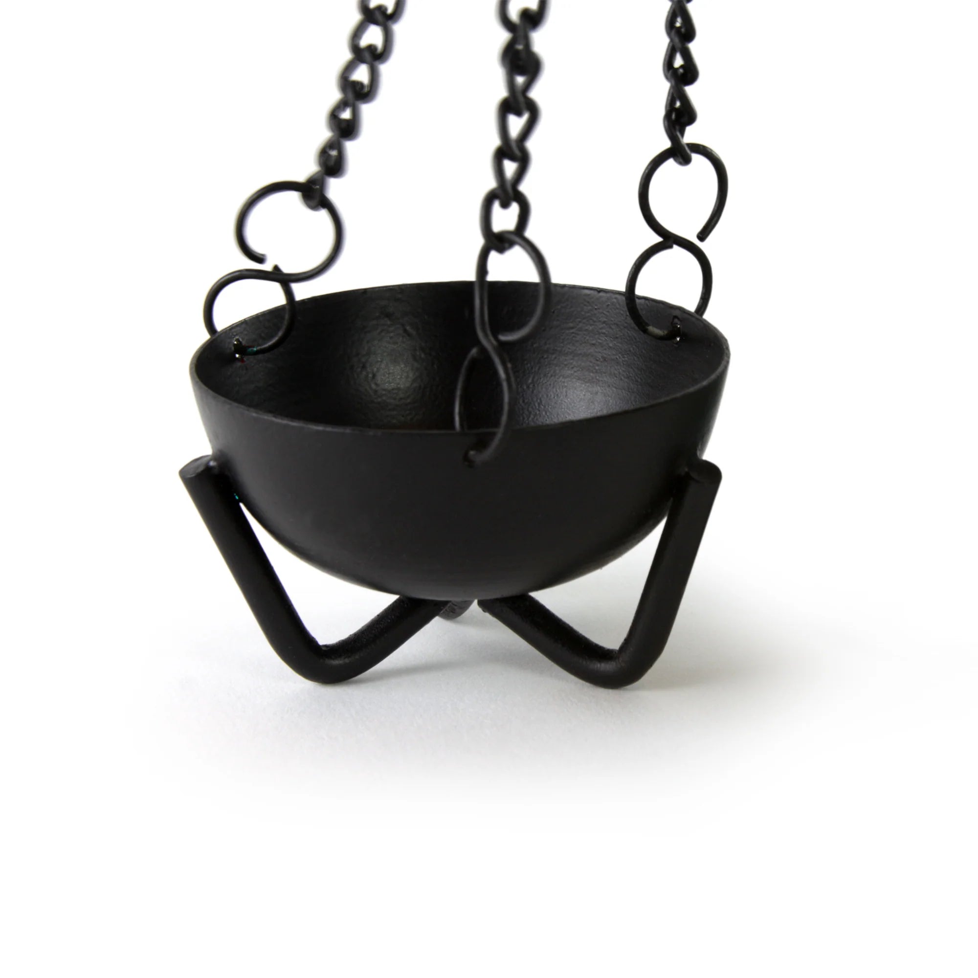 Black hanging iron incense bowl supported by chain and a tripod stand — shown in clean product photo.