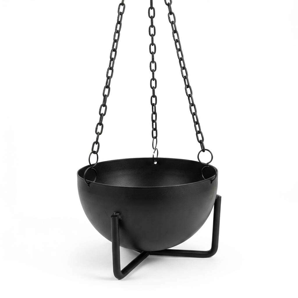 3.5-inch black cast iron cauldron hanging incense burner suspended by three chains, resting on a sturdy iron tripod base.