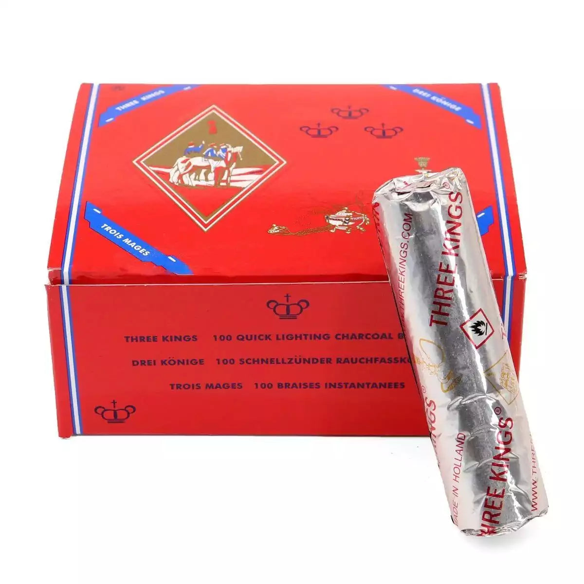 Three Kings charcoal disc box — red decorative packaging featuring the Three Kings 33mm self-lighting charcoal tablets for burning resin incense.