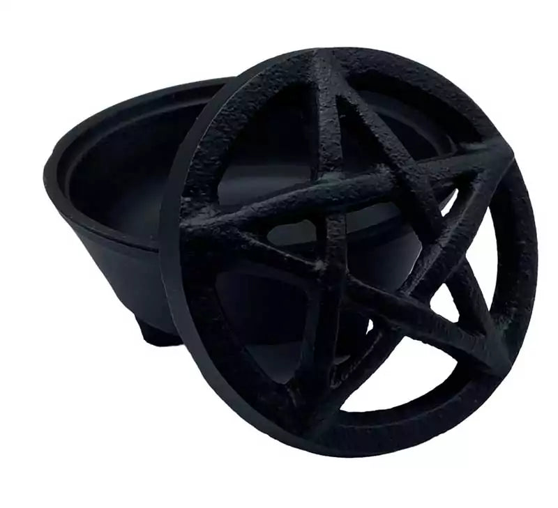 Pentagram cast iron cauldron 3.25 inch with three short legs and pentagram base embossment — compact black Wiccan altar smudge bowl.