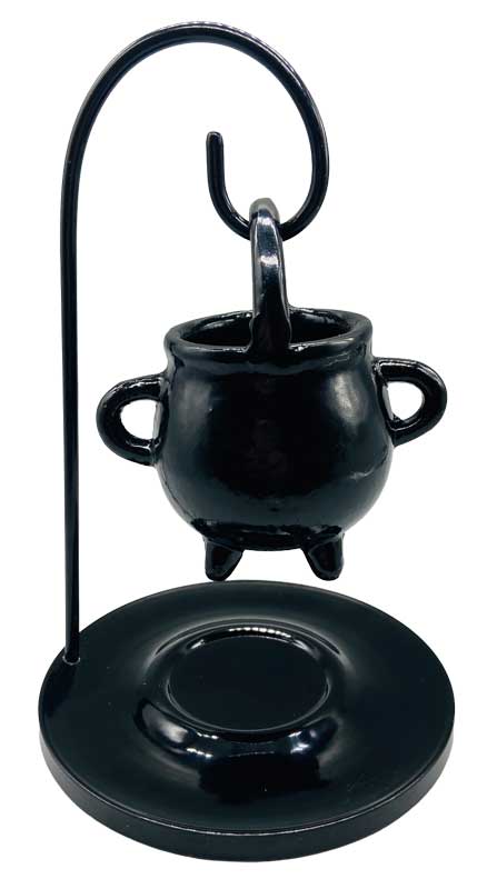 Hanging metal cauldron oil diffuser in black with perforated Gothic design — suspended on chains for ritual aromatherapy and incense burning.