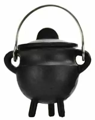 Small black cast iron lidded cauldron with handle resting on three legs — plain finish mini witch&