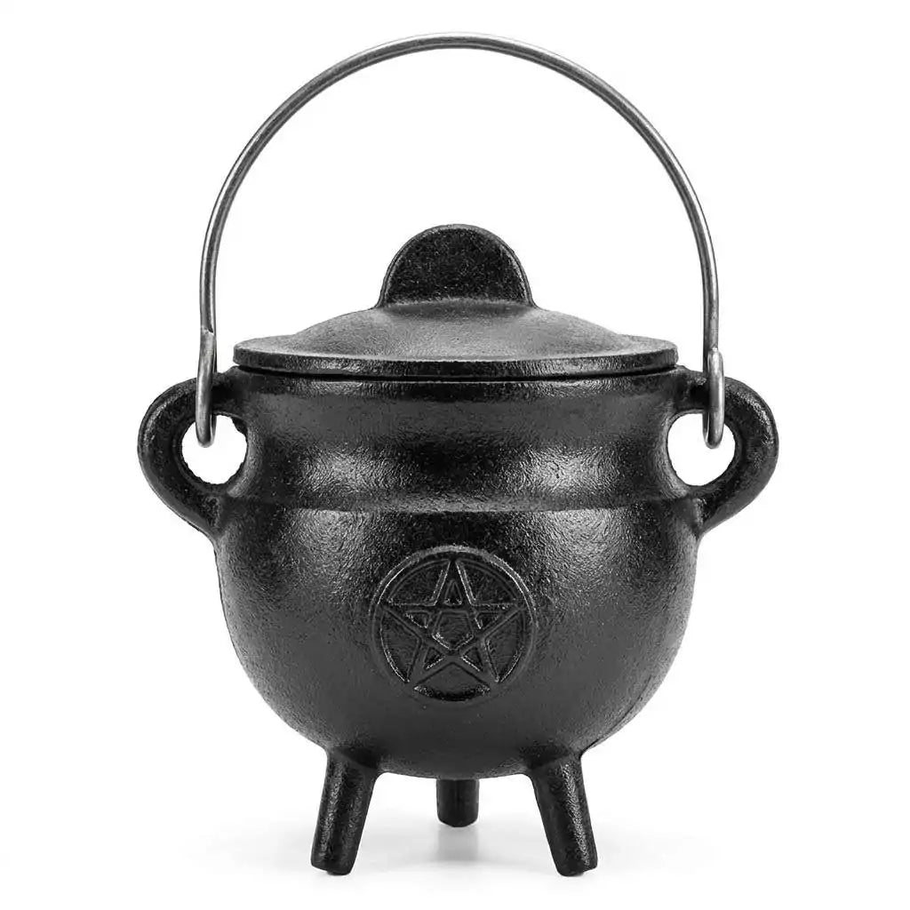 Pentagram Cast Iron Cauldron with Lid 2 3/4 inch — black three-legged iron cauldron with embossed pentagram symbol on front and lid for Wiccan ritual incense and smudge work.