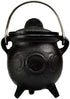 Triple Moon cast iron cauldron 3 inch with lid — small black iron cauldron showing triple moon symbol on body with fitted lid and handle.