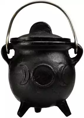Triple Moon cast iron cauldron 3 inch with lid — small black iron cauldron showing triple moon symbol on body with fitted lid and handle.
