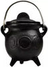 Triple Moon cast iron cauldron 3 inch with lid — small black iron cauldron showing triple moon symbol on body with fitted lid and handle.
