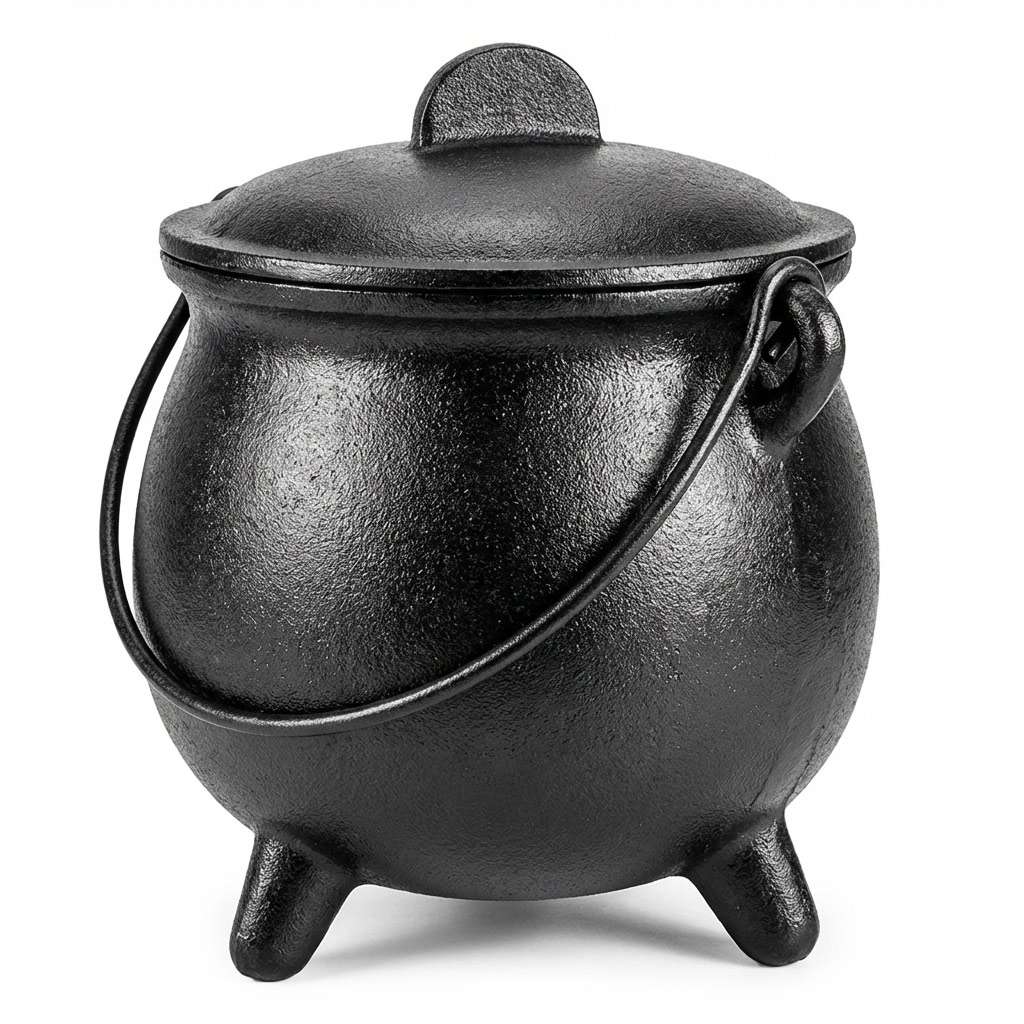 A black cast iron cauldron with a lid and three legs — an 8-inch substantial ritual vessel for burning, herb mixing, fire scrying, and ceremonial Wiccan altar practice.