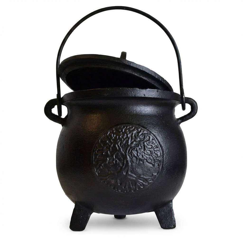 Tree of Life cast iron cauldron with lid — 6-inch black iron cauldron with embossed tree design, fitted lid, and bail handle.