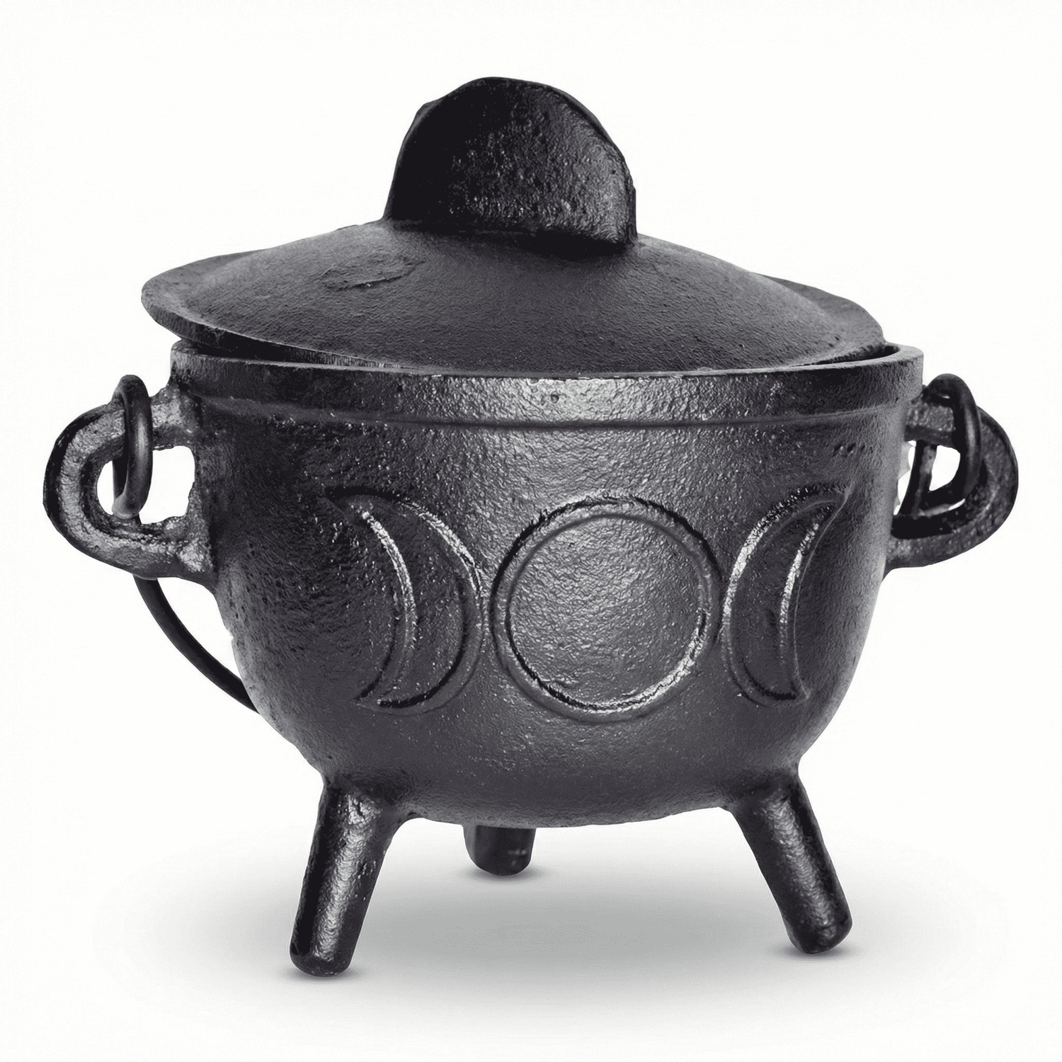 5-inch black cast iron Triple Moon cauldron with fitted lid and three legs, showing decorative moon phase engravings around the body.