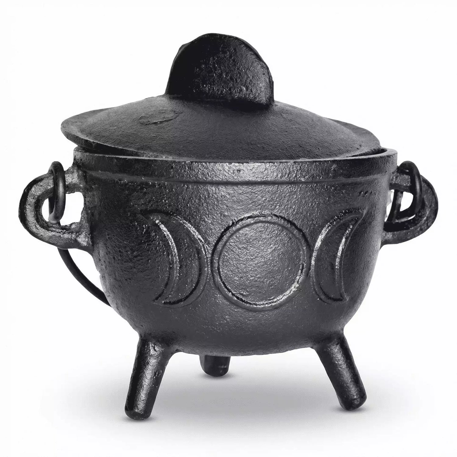 5-inch black cast iron Triple Moon cauldron with fitted lid and three legs, showing decorative moon phase engravings around the body.