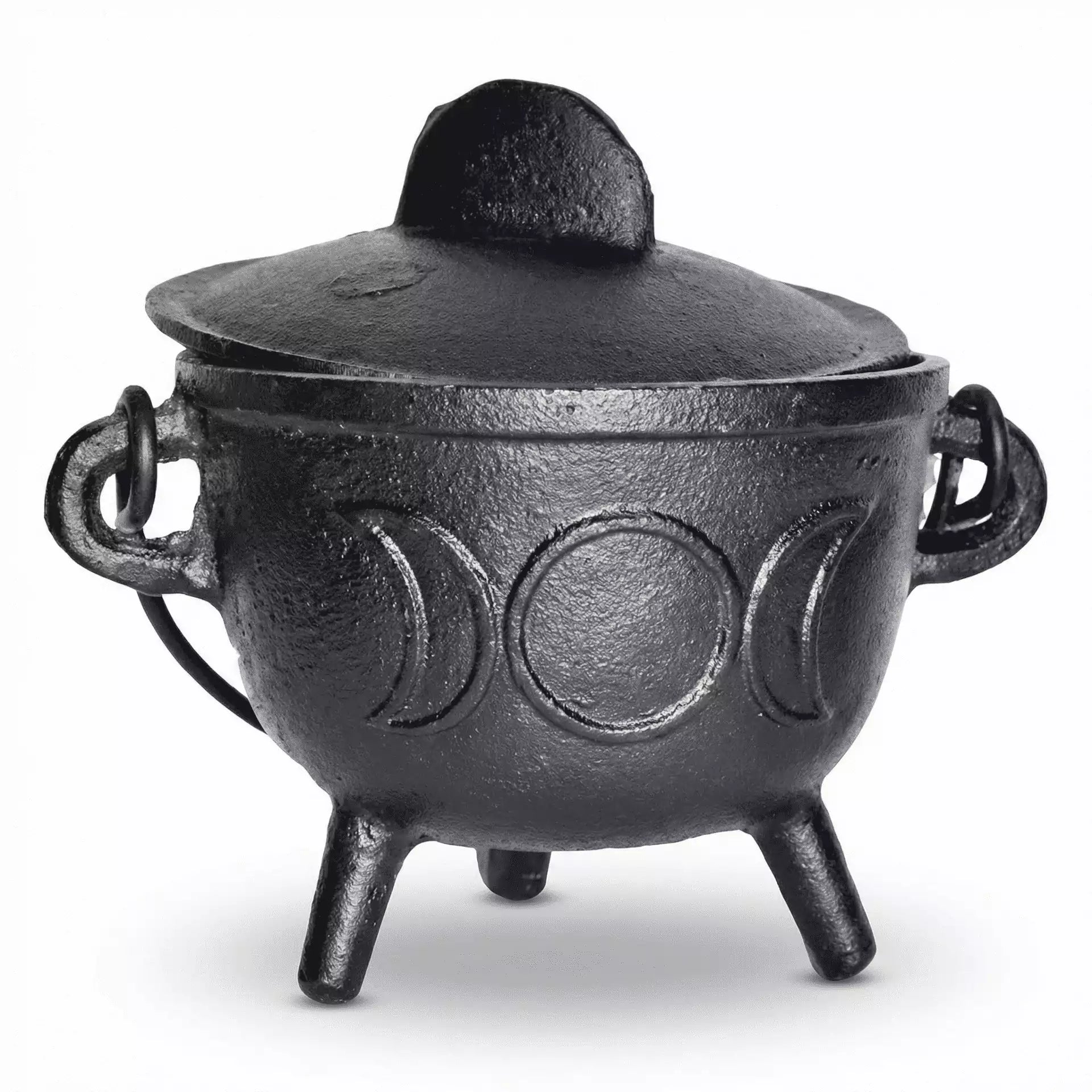 5-inch black cast iron Triple Moon cauldron with fitted lid and three legs, showing decorative moon phase engravings around the body.