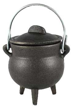 Plain Cast Iron Cauldron 3 inch — black three-legged lidded iron pot with handle for ritual smudging, resin incense burning, and Wiccan altar use.