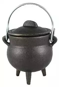 Plain Cast Iron Cauldron 3 inch — black three-legged lidded iron pot with handle for ritual smudging, resin incense burning, and Wiccan altar use.